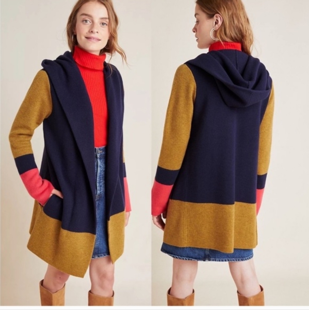 Anthropologie Field Flower Colorblock Wool Sweater Long Cardigan Coat Size Small - Picture 2 of 12